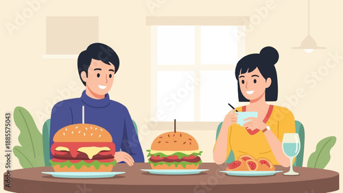 Couple enjoying burgers and drinks at a table with plants