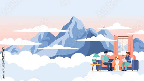 Couple working remotely with dog, mountains, and clouds
