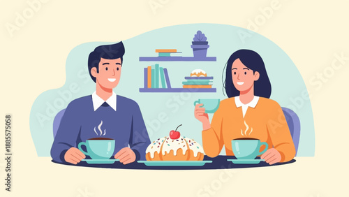 Couple enjoying coffee and cake at home