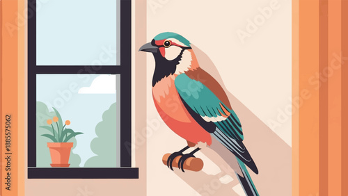 Colorful bird perches on a wooden rod inside, looking out a window