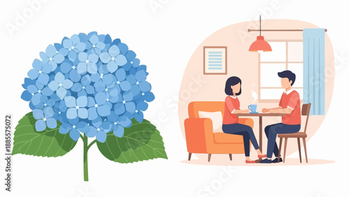 Couple enjoying coffee at a table, next to a large blue hydrangea flower