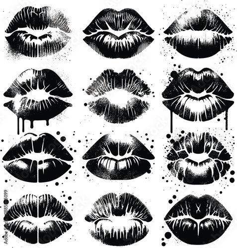 Set of grungy black lipstick kiss marks and lip silhouettes with ink splatters and distressed textures for edgy fashion designs street art and rebellious aesthetic vector illustration.