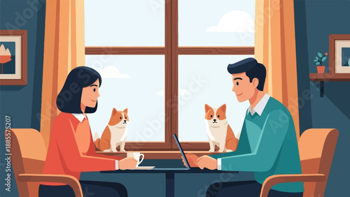 Couple with dogs by window, working on laptop, enjoying coffee