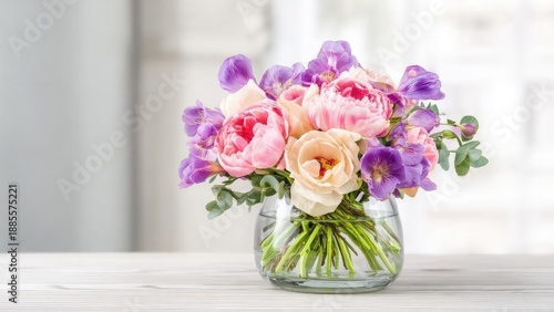 Wallpaper Mural Glass vase with a bouquet of pink peonies, peach roses, and purple lisianthus on a light wooden table. Concept Floral Still Life, Glass Vase, Pink Peonies, Peach Roses, Purple Lisianthus Torontodigital.ca