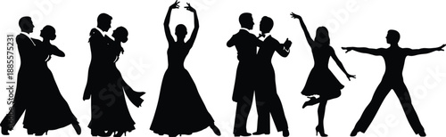 Ballroom and Latin dance silhouettes, expressive poses, partner movement, solo dancers, elegant style, black shape, cad drawing flat vector illustration