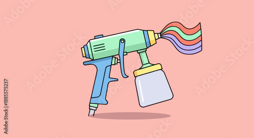 Paint sprayer spraying colorful ribbons on a pink background.