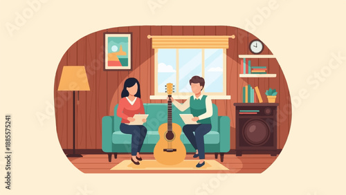 Couple learning guitar together in a cozy living room setting