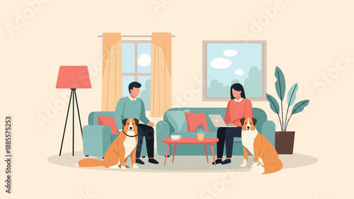 Couple with dogs relax on couch, one using laptop, cozy indoor scene