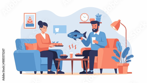 Couple relaxing indoors, sharing a meal and conversation