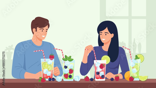 Couple enjoying refreshing berry and lime drinks at a counter