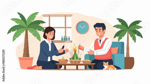 Couple lighting incense sticks near fruit, plant, and cat indoors