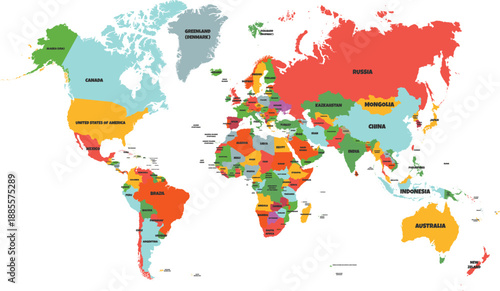 Colorful political world map vector illustration with countries