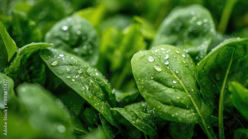 Fototapeta premium Fresh spinach leaves with water droplets. Concept Fresh spinach leaves, Water droplets on greens, Green leafy vegetables, Close-up texture of leaves, Healthy ingredient photography