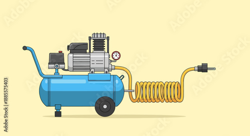 Illustration of a blue air compressor with a yellow hose.