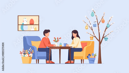Couple enjoys a cozy indoor spring day with decorated tree