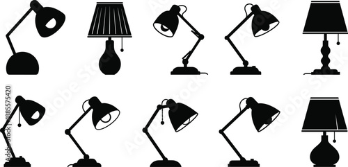 Black silhouette illustration of eight distinct lamp designs including desk lamps and table lamps arranged in two neat rows.