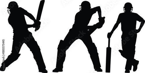 Cricket player silhouette in batting stance, helmeted sportsman with bat, dynamic pose, athletic action, black vector art, cad drawing flat vector illustration