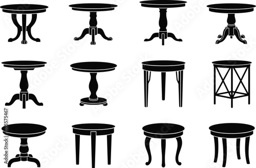 Black silhouette illustration of twelve unique round tables showcasing varied leg designs, ornate bases, and modern industrial styles.