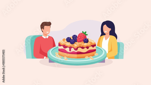 Couple enjoys a delicious berry cake with oat topping on a blue plate