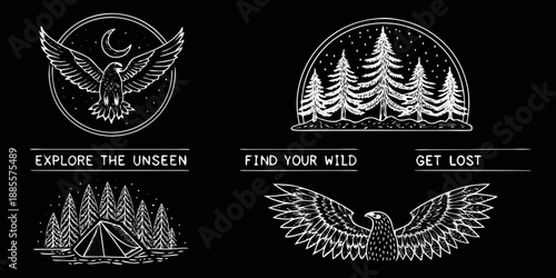 Vintage nature emblems with eagle forest and mountains inspiring outdoor adventure