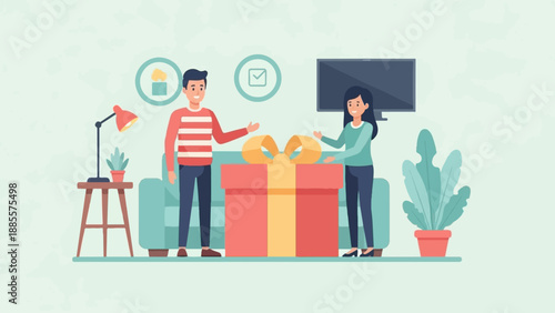 Couple with large gift box in living room