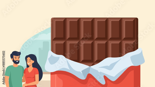 Couple enjoys a giant bar of chocolate, a sweet treat for two