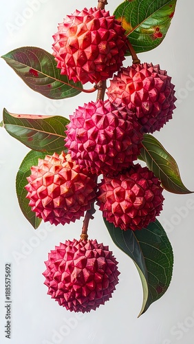 Branch of bright red lychee fruit with pointy skin and green leaves against a white background