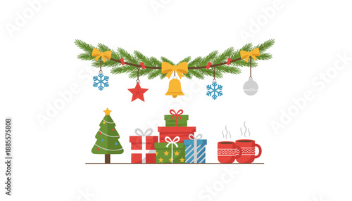 Christmas holiday decoration set garland tree stacked gifts and steaming mugs Festive illustration