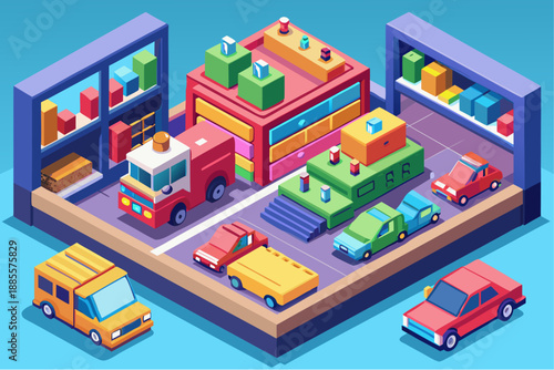 Isometric illustration of a colorful toy city with miniature cars, fire truck, roads, buildings, and shelves in a vibrant playroom environment