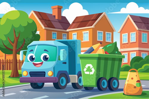 Smiling cartoon garbage truck collecting recyclable waste in suburban neighborhood with green trees and houses in background