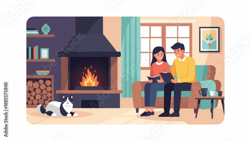 Couple reading by fireplace with cat and drinks