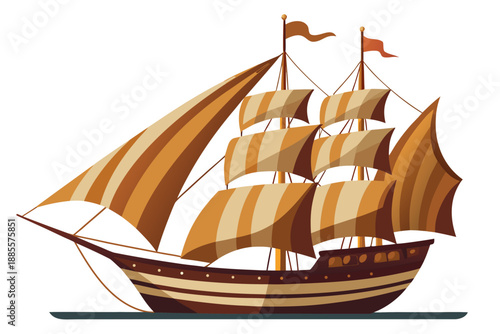 Cartoon sailing ship with striped brown sails and wooden hull floating on water, isolated on white background