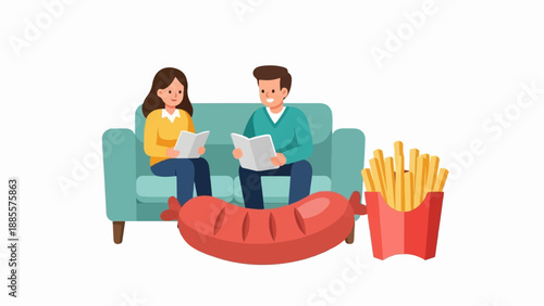 Couple reading books on sofa with sausage and fries