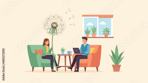 Couple relaxing indoors, one holding a large dandelion while the other uses a laptop