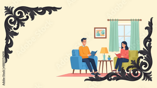 Couple reading books in a living room with decorative corner accents