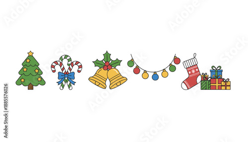 Christmas holiday icons set tree candy canes bells string lights stocking and wrapped gifts