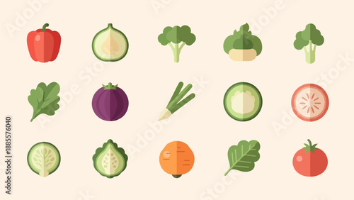 Collection of stylized, flat-design icons of various fresh vegetables