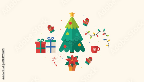 Flat design illustration of Christmas holiday elements tree gifts mittens cocoa and lights