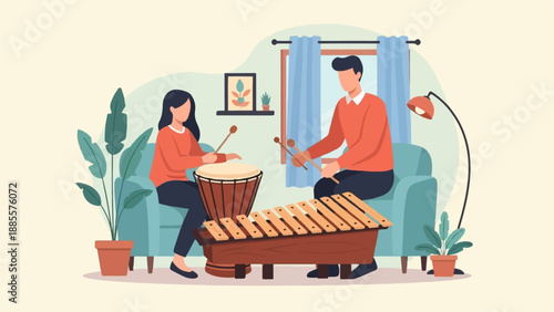 Couple playing musical instruments together indoors