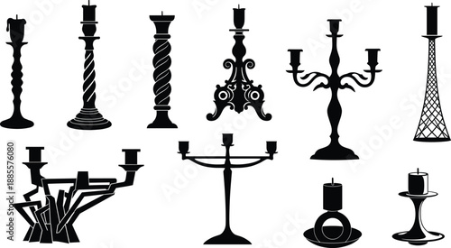 Elegant black silhouette collection of diverse candle holders and candelabras showcasing ornate, modern, minimalist, and geometric designs for interior inspiration.