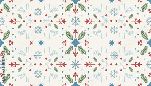 Seamless Christmas pattern with snowflakes fir branches and berries Winter holiday background design