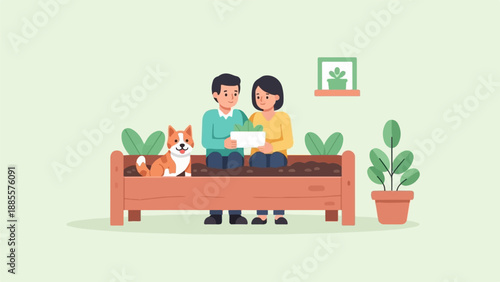 Couple plants seedling in raised garden bed with corgi, potted plant