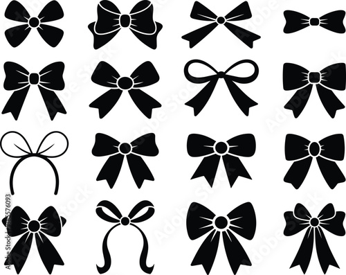 Bow silhouette collection in various styles, ribbon shapes, decorative loops, fashion accessory design, vector artwork, cad drawing flat vector illustration