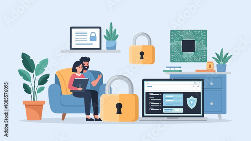 Couple on couch with laptop, surrounded by locks and tech