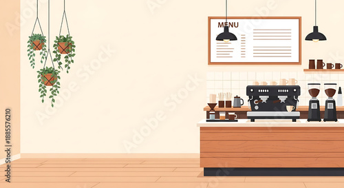 Cozy Coffee Shop Interior with Espresso Machine, Menu, and Plants