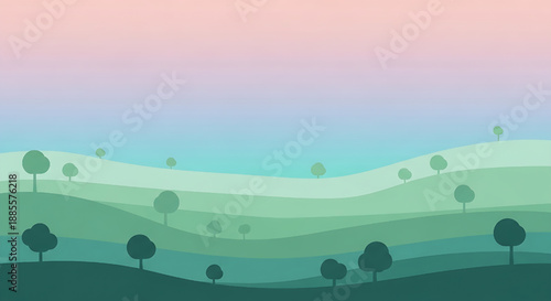 Minimalist vector illustration of a serene natural landscape with rolling green hills and scattered trees beneath a soft pastel gradient sky, creating a peaceful and tranquil outdoor scene