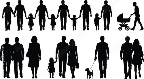 Family silhouette set, diverse couples, children, stroller, dog walking, everyday life, cad drawing flat vector illustration, black isolated
