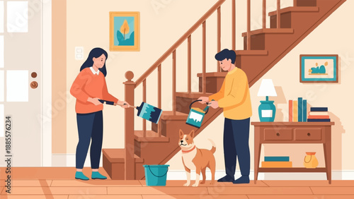 Couple painting hallway with dog nearby