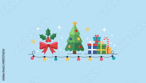 Festive flat design Christmas illustration with tree gifts holly and string lights on blue background