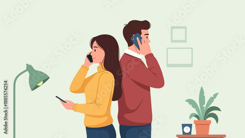 Couple on phones, backs to each other, in a room with desk lamp